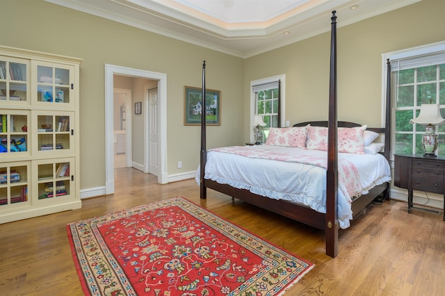 bedroom with multiple windows, hardwood / wood-style floors, a tray ceiling, and ornamental molding