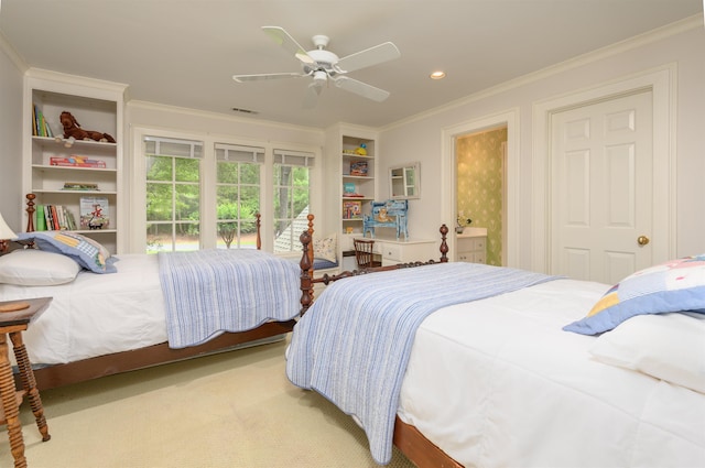 bedroom with ensuite bathroom, access to outside, ceiling fan, crown molding, and light carpet