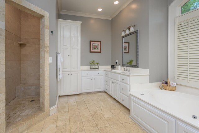 bathroom featuring vanity, crown molding, and shower with separate bathtub