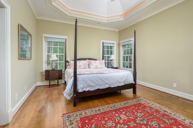 bedroom featuring multiple windows, a tray ceiling, and light wood-type flooring