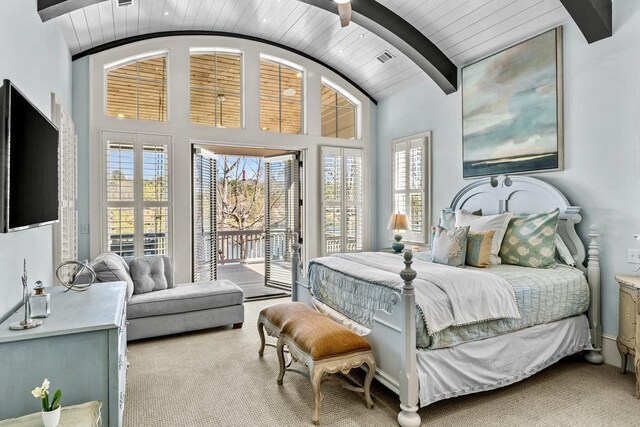 1611 Lighthouse Cir, Greensboro, GA 30642 - carpeted bedroom featuring vaulted ceiling with beams, access to outside, and visible vents