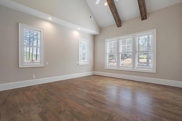 spare room with dark wood-style floors, visible vents, a ceiling fan, beamed ceiling, and baseboards