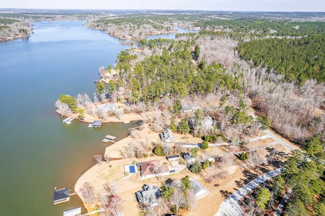 birds eye view of property featuring a forest view and a water view