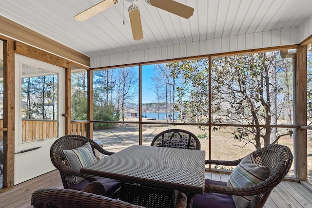 sunroom / solarium with a water view, wood ceiling, and ceiling fan