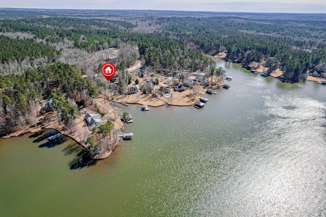 aerial view with a forest view and a water view