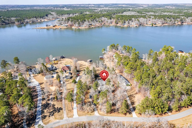 birds eye view of property with a wooded view and a water view