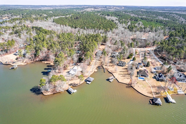 drone / aerial view featuring a forest view and a water view