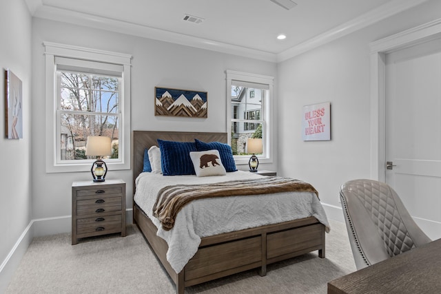 carpeted bedroom featuring ornamental molding