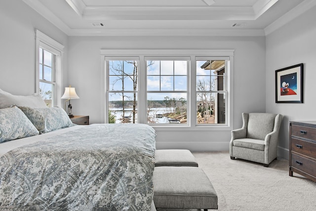 carpeted bedroom with a tray ceiling and ornamental molding