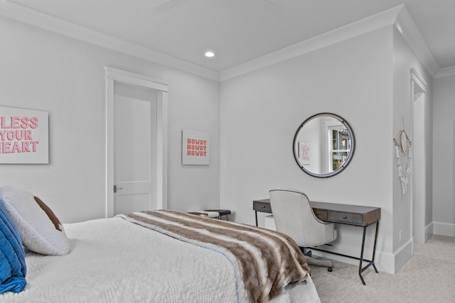 carpeted bedroom featuring ornamental molding