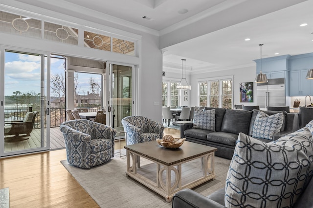 living room with crown molding and light wood-type flooring