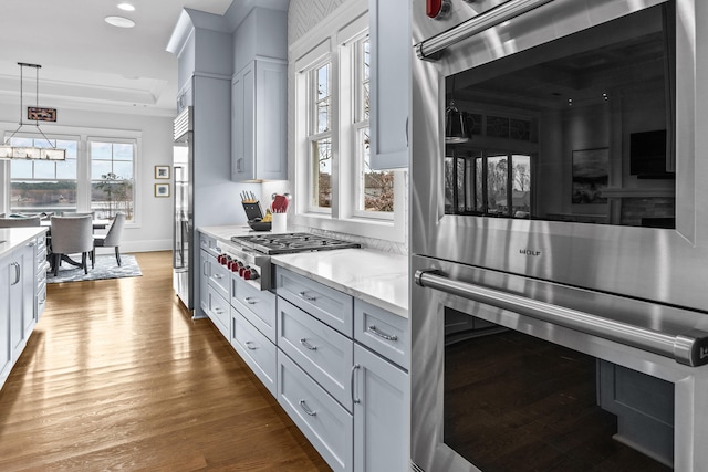 kitchen featuring pendant lighting, hardwood / wood-style floors, white cabinetry, a tray ceiling, and stainless steel appliances