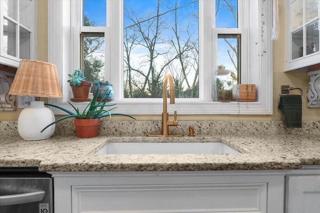 room details with sink, light stone countertops, and white cabinets