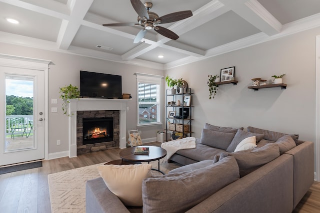 living room featuring coffered ceiling, beamed ceiling, light hardwood / wood-style floors, and a healthy amount of sunlight