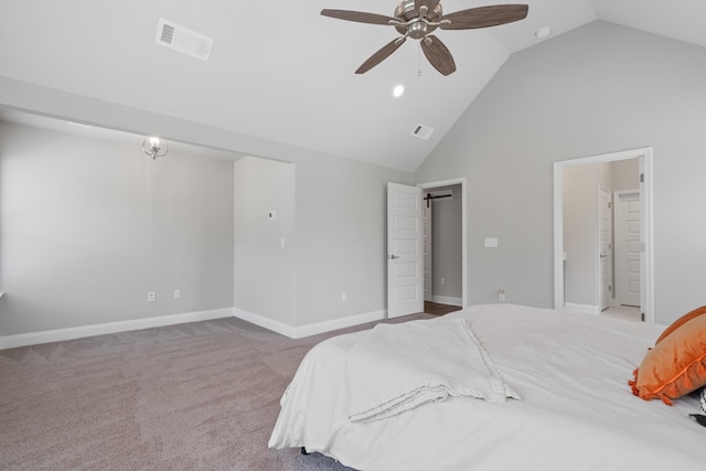 bedroom featuring high vaulted ceiling, light colored carpet, and ceiling fan