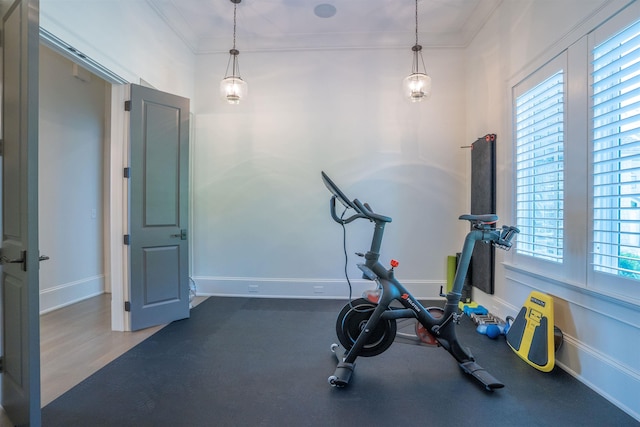 exercise area with crown molding