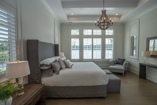 bedroom with dark hardwood / wood-style flooring and a notable chandelier