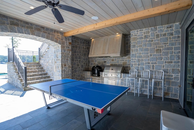 view of patio featuring area for grilling, an outdoor bar, ceiling fan, and an outdoor kitchen