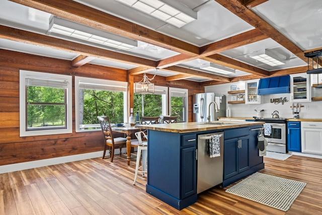 150 Possum Point Dr, Eatonton, GA 31024 - kitchen featuring blue cabinetry, butcher block counters, appliances with stainless steel finishes, plenty of natural light, and coffered ceiling