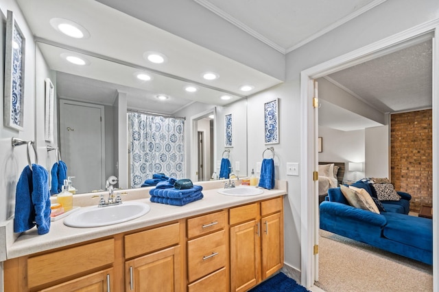 150 Possum Point Dr, Eatonton, GA 31024 - full bath featuring ensuite bath, ornamental molding, double vanity, and recessed lighting