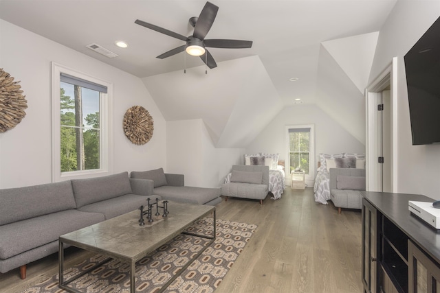 1010 Thorton Crk, Greensboro, GA 30642 - living room with healthy amount of natural light, lofted ceiling, wood finished floors, a ceiling fan, and recessed lighting