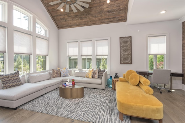 1010 Thorton Crk, Greensboro, GA 30642 - living room with wood finished floors, ceiling fan, wood ceiling, recessed lighting, and high vaulted ceiling