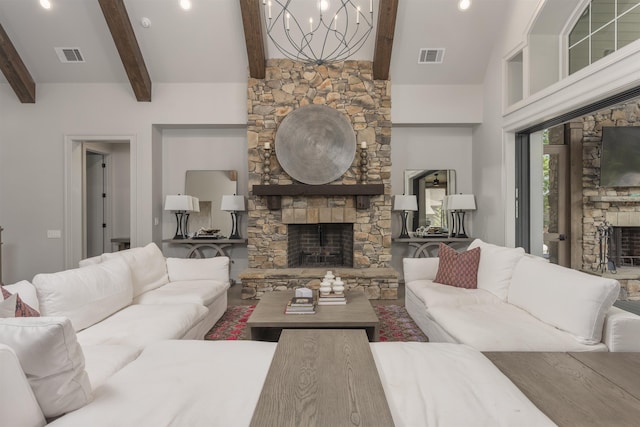 1010 Thorton Crk, Greensboro, GA 30642 - living area with a fireplace, a chandelier, and beamed ceiling