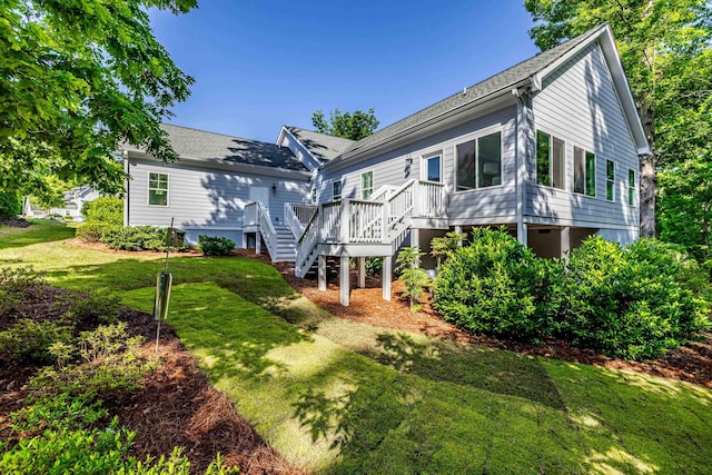 746 Markhams Dr, Madison, GA 30650 - rear view of property with a yard, stairs, a wooden deck, and roof with shingles