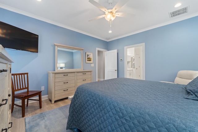 bedroom with baseboards, recessed lighting, crown molding, visible vents, and wood finished floors