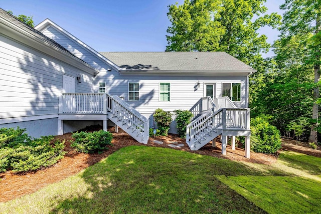 746 Markhams Dr, Madison, GA 30650 - rear view of property with a yard, stairway, a wooden deck, and roof with shingles