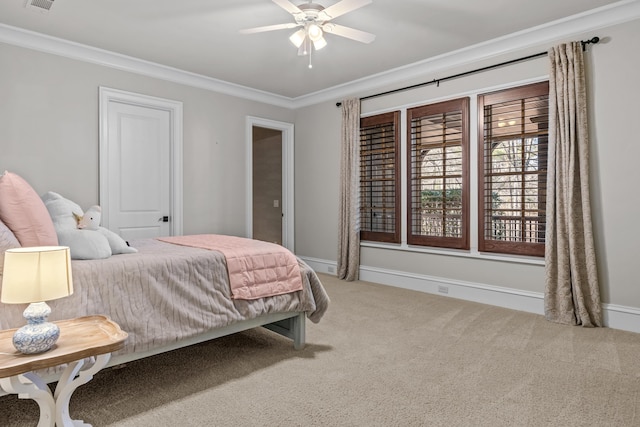 1030 Ridge Grove Ct, Greensboro, GA 30642 - bedroom featuring carpet, a ceiling fan, crown molding, visible vents, and baseboards