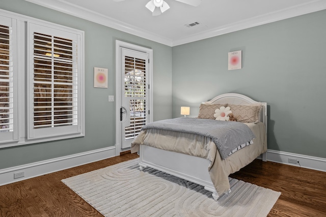1030 Ridge Grove Ct, Greensboro, GA 30642 - bedroom featuring ornamental molding, ceiling fan, visible vents, wood finished floors, and access to exterior