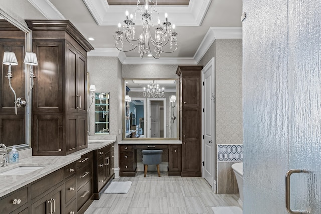 bathroom featuring crown molding, an inviting chandelier, vanity, plus walk in shower, and a raised ceiling