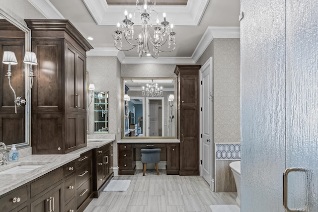 1030 Ridge Grove Ct, Greensboro, GA 30642 - full bathroom featuring vanity, a freestanding tub, a chandelier, and crown molding
