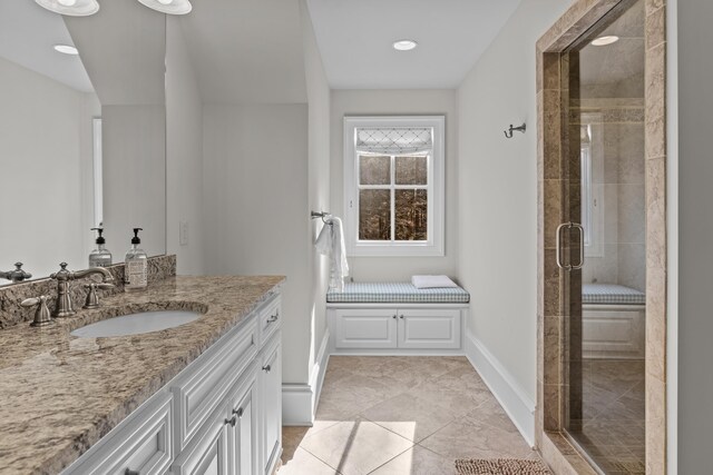 1030 Ridge Grove Ct, Greensboro, GA 30642 - full bath featuring a stall shower, baseboards, vanity, and recessed lighting