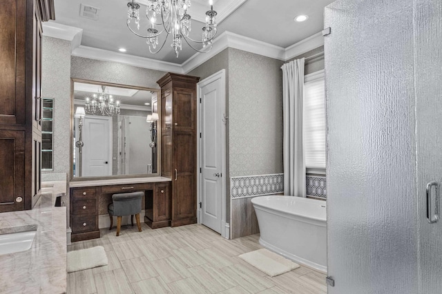 bathroom featuring vanity, separate shower and tub, ornamental molding, and an inviting chandelier