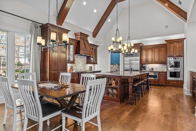 1030 Ridge Grove Ct, Greensboro, GA 30642 - dining space featuring recessed lighting, beam ceiling, dark wood-type flooring, and a notable chandelier