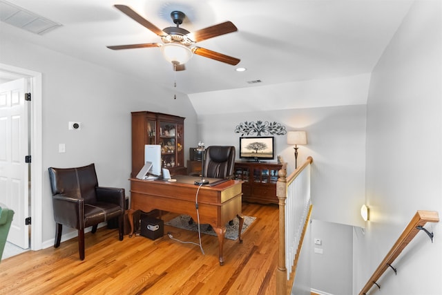 office space featuring light wood-type flooring, ceiling fan, recessed lighting, and lofted ceiling