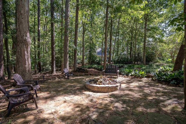 view of yard with a fire pit, a patio, and a view of trees