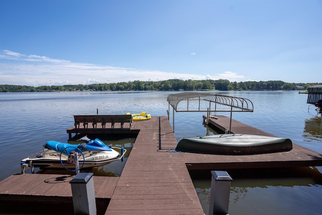 dock area featuring a water view and a view of trees
