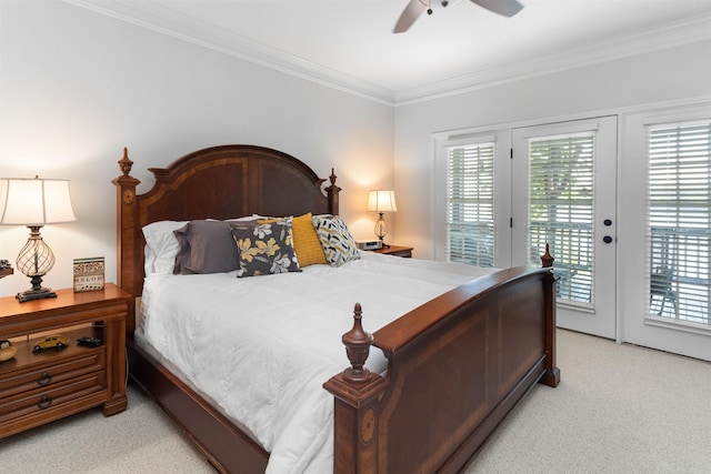 bedroom with light colored carpet, access to outside, ornamental molding, and a ceiling fan