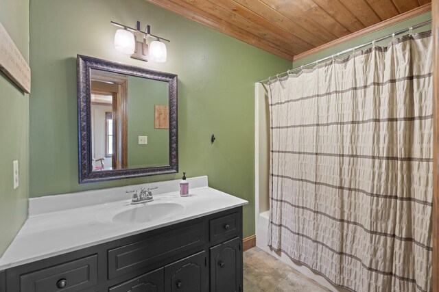 full bathroom featuring shower / bath combination with curtain, wood ceiling, crown molding, and vanity