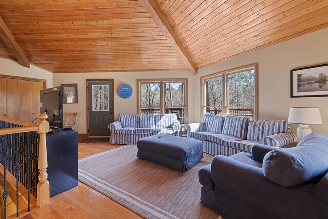 living area with light wood-type flooring, wooden ceiling, and lofted ceiling with beams