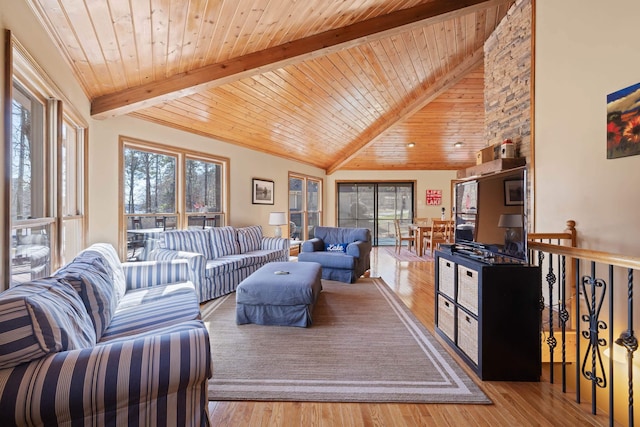 living room featuring high vaulted ceiling, beam ceiling, wooden ceiling, and wood finished floors