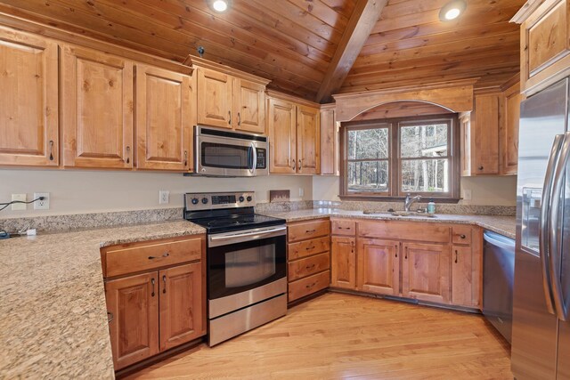 kitchen with light wood finished floors, wood ceiling, appliances with stainless steel finishes, vaulted ceiling with beams, and a sink
