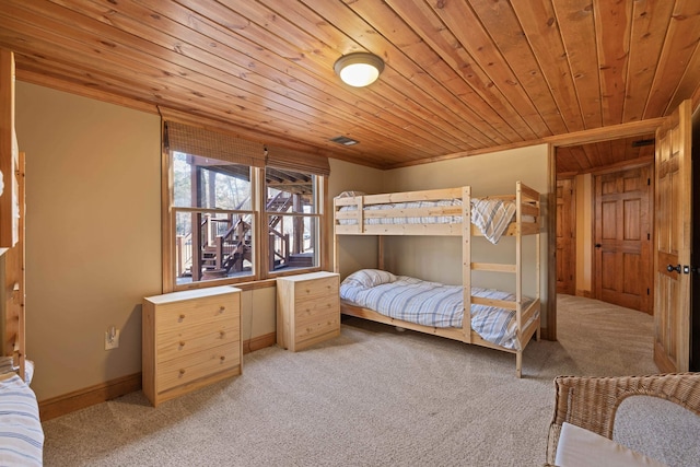 bedroom featuring wooden ceiling, light colored carpet, visible vents, and baseboards