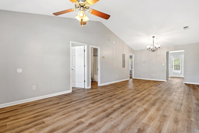 unfurnished living room featuring electric panel, visible vents, light wood-type flooring, and baseboards