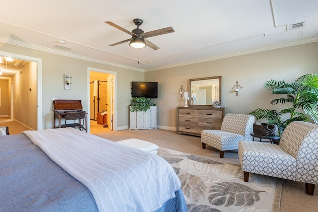 carpeted bedroom with crown molding and ceiling fan