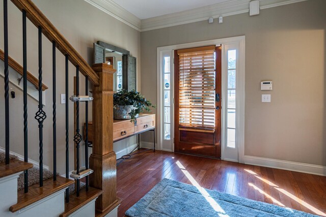 entrance foyer with crown molding and dark wood-type flooring