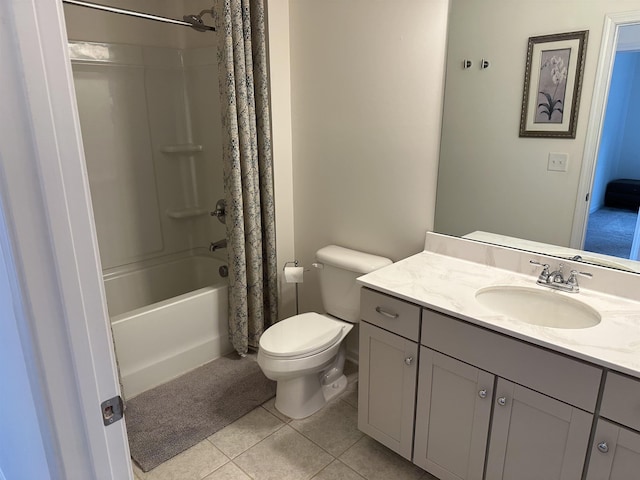 bathroom with shower / tub combo, vanity, toilet, and tile patterned floors